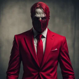 a sinister figure wearing a red suit with a red tie with no face and dirty hair