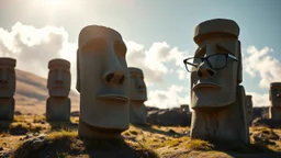 calm beauty, fantasy, magic, splendor, uplifting, inspiring, therapeutic, Easter Island stone statues with faces, one wearing spectacles, springtime, sunlight, chiaroscuro, color, award-winning colour photograph, Nikon 135mm, style Disney, style Salvador Dali