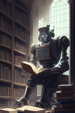 A huge library is serviced by computers, and there are many books on the shelves. The robot is sitting on a chair at the table and holding an antique book in his hands. Expression. High-quality drawing, 8K