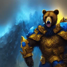 An angry bear warrior in blue and gold armor, background of Inka jungle, high detail, smooth, realistic, digital illustration, Artstation, artgerm,