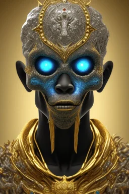 black male African alien, cracks in the voodoo head, wicked, diamond eyes, crown, blood, 8k, finely detailed, photo realistic, Boris Vallejo style turquoise skull head gold dragon space alien rain skeleton gold tooth silver helmet silver space suit spaceships