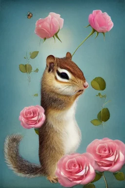 adorable chipmunk holds a diamond, roses on the beach, soft rounded edges, gentle, serene, magical, pastel colours, dynamic lighting, a masterpiece, surreal, Catrin Welz Stein style in sunshine