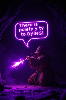 speech bubble saying "There is no poetry in dying!" purple magic neon arrow flying, magic swirl, strong winds, true grit, Mexican native stand off fast draw poncho cowboy wizard on knees hurt punching fire ball whip while taking sight wand slinger, in dark cave ,bokeh like f/0.8, tilt-shift lens 8k, high detail, smooth render, down-light, unreal engine