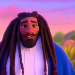 a black man with long dreadlocks, an unkempt beard, and colorful robes.