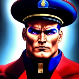 Ultra detailed fullbody Portrait in oil on canvas of Street Fighter- M.Bison,extremely detailed digital painting,ultrarealistic skin,intense stare, extremely detailed face, crystal clear eyes, mystical colors ,perfectly centered image, perfect composition, rim light, beautiful lighting,masterpiece ,8k, stunning scene, raytracing, anatomically correct, in the style of Simon Bisley and Ohrai Noriyoshi and robert e howard and Steve Jung and frank frazetta.