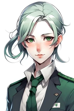 Androgenous pretty and cool human, (masterpiece), (Titanium colored hair), ((dark-green eyes)), pale skin, student uniform, shot against white background