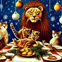 Cats and children eating Christmas dinner with alien lion and floating ball, and exquisitely decorated turkey and HR giger alien