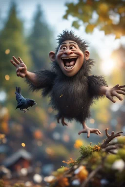 twig troll gremling holding crow dropping garbage from tree tops laughing,bokeh like f/0.8, tilt-shift lens 8k, high detail, smooth render, down-light, unreal engine, prize winning