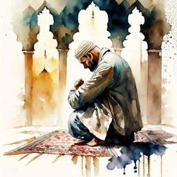 A man is praying namaz with background of islamic pattern, detailed, ultra fine brush use, watercolour painting