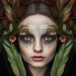 Portrait of beautiful girl, plant, metal, feathers, Dryad, fae, sidhe, ominous, nature, plants, wildflower, facepaint, dnd character portrait, intricate, oil on canvas, masterpiece, expert, insanely detailed, 4k resolution, retroanime style, cute big circular reflective eyes, cinematic smooth, intricate detail , soft smooth lighting, soft pastel colors, painted Renaissance style, 800mm lens