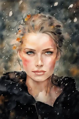 watercolor portrait of a woman, lush hair, rain, flowers, umbrella, autumn, paint blots, splashes, tears