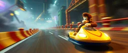 nico belic in donkey kong bowling stage racing, motion blur, weird creatures, mini racing kart, fences and hills, pits and pendulums, and cranes and squids, fog, smoke, oil slick, spies, gta 4 world