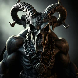 Dark, demonic figure with ornate skull-like face and intricate metal adornments. Powerful, imposing stance; a figure with ram horns, dark, stylized tattoos, and detailed, ornate metal work encircling the body, like intricate chains and symbols. Visible, detailed skeletal structure, highlighted with dramatic lighting on the figure's form giving a dark contrast between light and shadow. The figure's expression is menacing and ancient, with prominent eye sockets and a pronounced jawline. Intri