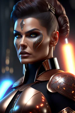 8k uhd, a muscular sith woman in a star wars outfit, short hair, trending on cg society, fine art masterpiece, wallpaper, poster, sharp focus, hyperrealism, insanely detailed, lush detail, HQ by brad rigney, industrial light and magic,