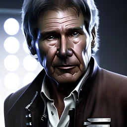 portrait of harrison ford as captain han solo, brown eyes, with realistic and extrem light facial skin, cinematic lighting, photorealistic, volumetric light and shadow, hyper HD, octane render, unreal engine, insanely detailed and intricate, hyper-realistic, space background, watercolour on white paper