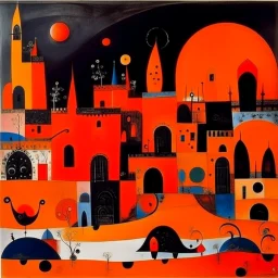 An orange and dark orange city near semi-grounds designed in Heidrun manuscripts painted by Joan Miro