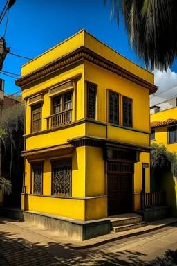 A dark yellow house of mystery in a city in daylight designed in Mayan architecture