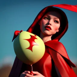 Red Riding Hood looks up to the sky while eating an apple on a balloon.