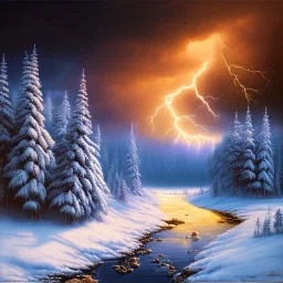 winter landscape with blue storm clouds and lightening