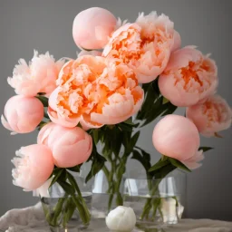 cinematic shot of peonies made from peach tulle in a glass bowl, warm lighting, soft lighting