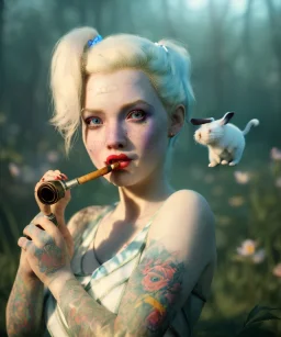 Ultra realistic wonderland photo, happy blonde woman smoking a pipe, blue dress, white rabbit pet, circus dress style, old school tattoo, smoke, marijuana garden, glow eyes, perfect iris, soft color, highly detailed, unreal engine 5, ray tracing, RTX, lumen lighting, ultra detail, volumetric lighting, high definition.