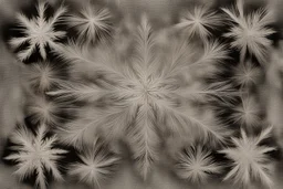 snowflakes, flowers, blur 5%, double exposure, merged layers, silver glitters, in the first part (near to us) of the picture you can see a plain sandblown smoked glass, engraved with a folk art pattern, the glass is cracked in several places, in some places the glass is broken, crumpled burlap, through it you can see a tropical rainforest with a waterfall, mist, tooth, sunrise