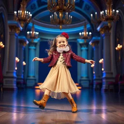 a 2 years old girl in modern clothing and makeup dancing with cute and joy with pertty boots in a modern royal hall