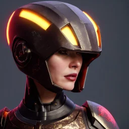 Front, pretty woman, futuristic, rounded face, blood, black, gold, brown, samurai helmet, decorative color feathers, retro, simetric, circuits, neon style, a lot of led lights, fog, rain, leather, vibrant color, highly detailed, art stations, concept art, smooth, unreal engine 5, god rays, ray tracing, RTX, lumen lighting, ultra detail, volumetric lighting, 3d, finely drawn, high definition, high resolution.