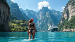 a picturesque natural landscape that includes majestic mountains and a serene countryside. Additionally, incorporate details about a stunning, large waterfall that enhances the beauty of the scene. The output should be structured as a narrative, painting a clear image with rich, descriptive language that evokes the sights and sounds of this beautiful environment water fall falls to a big sea with modern ship in it.a fullbody lady inOne Piece - Athletic Swimsuit,and diving cap