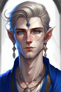 a wealthy half-elf young man with pointy ears and blue eyes, wears lots of jewelry, pale skin, soft face