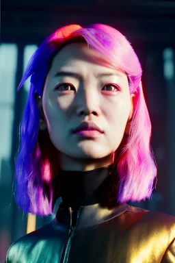 Cyberpunk portrait, Asian woman:: symmetry photography, cyberpunk, pink hair, face make-up, black line eye, light iris eye, :: kenzo fashion style, coat :: cinematic, Ultra realistic, dark scene, soft color, highly detailed, unreal engine 5, RTX, ultra detail, 3d, finely drawn, high definition.