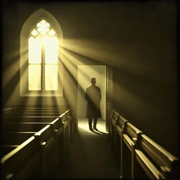 A faded, vintage photograph of an old English village church, soft focus, muted colors. Sunlight streaming through a partially broken stained glass window, creating a kaleidoscope of dim colors on the worn wooden pews. A solitary figure in silhouette stands in the doorway, half in shadow. Dust particles visible in the light beams. Ethereal, melancholic atmosphere. Art style: mix of analog photography and impressionist painting. Color palette: sepia tones with hints of faded blues and greens.