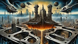 a stunningly weird image of a futuristic metropolis using Salvador Dali's paranoiac-critical method, where buildings and structures appear to melt into the skyline cityscape is filled with floating mad, twisted sharp metal shapes that interact with the buildings and each other, forming a surreal tableau of a dreamlike reality. neu-steampunk vibe, essence of the scene in a cinematic manner, with dramatic shadows that enhance the distorted perspectives and bizarre