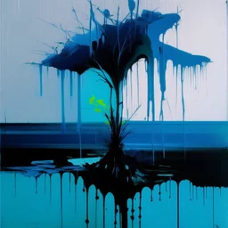 Minimal abstract flat oil painting of a neon large plant in landscape. With triadic blue colours. Dripping paint. In the style of Justin Mortimer and Phil Hale, Ashley Wood