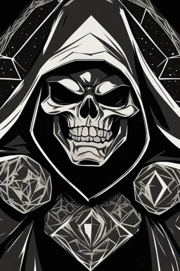 inside a diamond shape, skeletor motu in a black hooded cloak drawn in a retro cartoon style, in a diamond shape on a black background, monochromatic