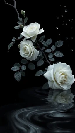 The image is a digital artwork that depicts a branch of tree of gray roses and leaves tangling in to a water in the river with aThe rose floats on the surface of the water, creating a wave-like effect. The background is black, which makes a branch of a tree of white roses stand out even more. Water droplets are scattered adding to the dreamy, ethereal quality of the image. The a