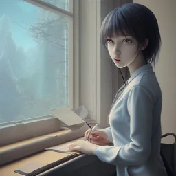 Anime, female student studying under window, studying lesson, perfect face, cool face, ultra detail, unreal engine 5, cinema4d, sun light, studio lighting --ar 1:1 --v 4