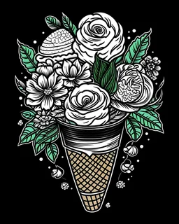 line sketch of ice cream half colored and half in black and white with flowers , dark green background