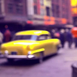 Picture 1950's street life, people, New York, very blurry, abstractism, colours, strong texture, 3d, chaotic