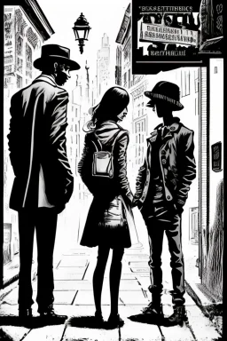 Design a detective book cover for teenagers. Three teenage detectives in the centre, one boy on her left, the girl in the centre and one on her right are on the town street. Black cat. Banksy style, modern comic book style, mysterious atmosphere,