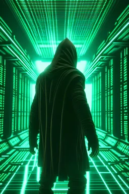 Plano medio desde abajo héroe con traje jedi , fondo matrix