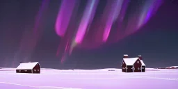 Small lonely cattle farm in a bleak cold land, desolate, snowy, northern lights