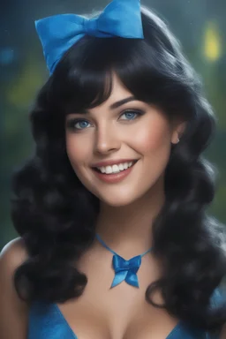 full color, full body portrait, smiling 18-year-old Betty Rubble with (((Black Hair))), (((blue eyes))), (((Blue ribbon in her hair))), 32k, UHD, Professional Photo -- Botany - Starry - Retro Pop - Dark Fantasy - Horror - Festive - Realistic - 32k, UHD, professional quality, 8 x 10 digital photograph