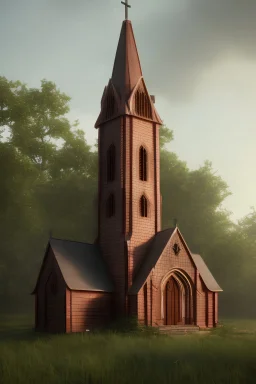 wooden simple church on the top of hill and surround it with water