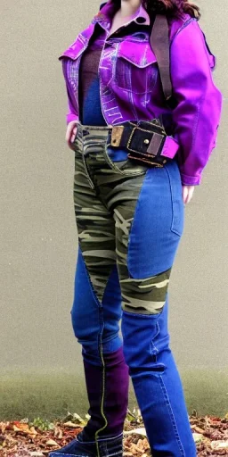 Model, woman. sérigraphie on denim with purple, lilac, green, khaki and crimson, red colors. Camouflage patterns are screen printed on denim. Woman in her 30's. thick thighs, thick calves, flat belly, wide hip. Mantle made of recycled Denim by sewing. Big bright purple and blue felt pieces makes mantle, which is merged with satchel. purple tippet, cream-color inside the hood. AKG headphones is merged with small felt cap with small visor. Haute Couture, 1990's