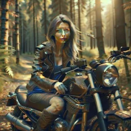 Very attractive woman sitting on a motorcycle. The bike is Yamaha. In the background is a forest. Realistic details. Photorealistic. 4K.