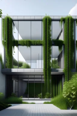big minimalist facade with big windows and vegetation