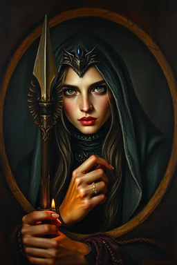 pin hole cam, master oil painting by Rembrandt,drow elf dark elf priestess of the underdark