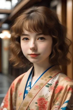 Femme 16 ans, cheveux marron, cheveux bouclés, cheveux court, au Japon en kimono