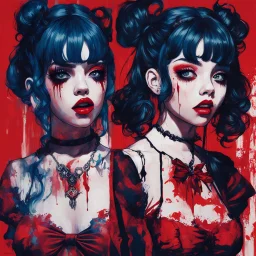 Poster in two gradually, a one side malevolent goth vampire girl face and other side the Singer Melanie Martinez face, full body, painting by Yoji Shinkawa, darkblue and red tones,